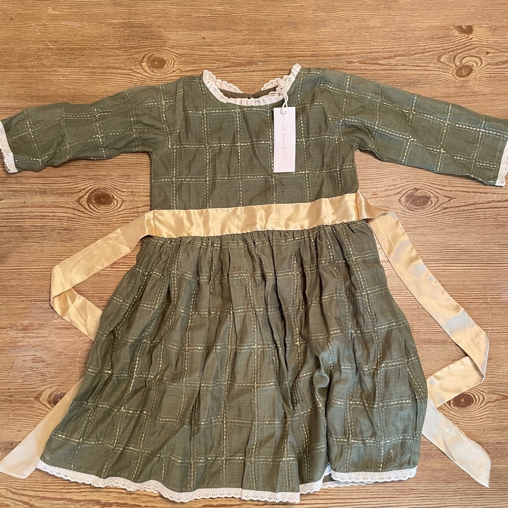 Well Dresses Wolf WDW Christmas Green and Gold Grid Pattern Dress